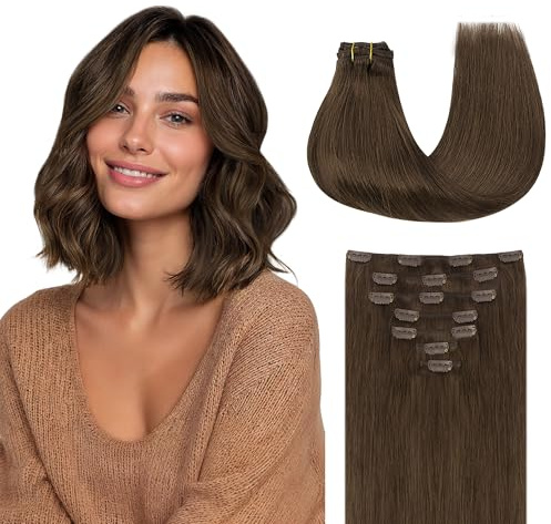 GOO GOO Clip in Extensions Echthaar, Echthaar Extensions Clip, 20cm 50g 7pcs, Haarverlängerung Echthaar, 4A Schokobraun