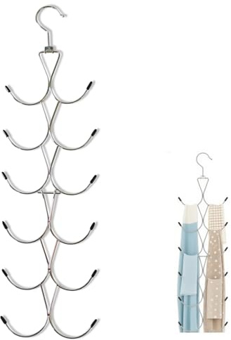1Pcs Scarf Hanger with 12 Hooks, Metal Foldable Cloths Holders for Wardrobe, Space Saving, Multi-Functional Rotating Wardrobe Belt Rack (Sliver)