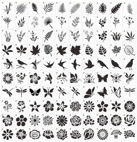 100 Stück DIY Malschablonen Set 5x5cm Wiederverwendbare Blumen & Blätter Vorlagen für Scrapbooking, Holzdekoration & Möbelgestaltung, Kreative Zeichenschablonen mit Naturmotiven (Vögel, Blumen, Blät)
