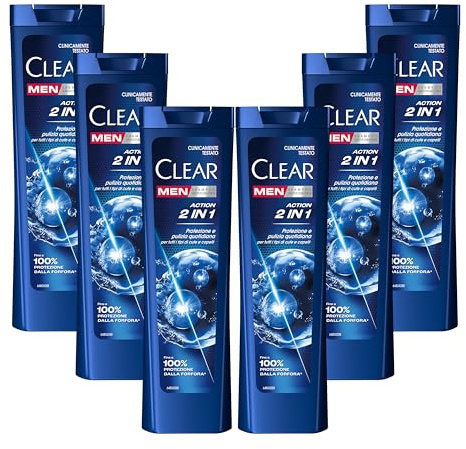 Clear Men Shampooing Antipelliculaire pour tous les types de cheveux et de cuir chevelu Action 2in1 jusqu'à 100% de protection contre les pellicules* 6x 225 ml