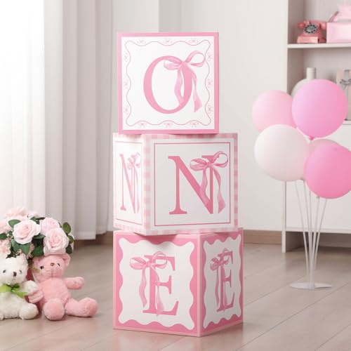 Weysat 3 Pcs Pink Bow First Birthday Decorations Boxes For Girl ONE Balloon Boxes For 1st Birthday Coquette Bow Baby Clear Blocks Party Decor With ONE Letters For Photoshoot Props Cake Smash Backdrop