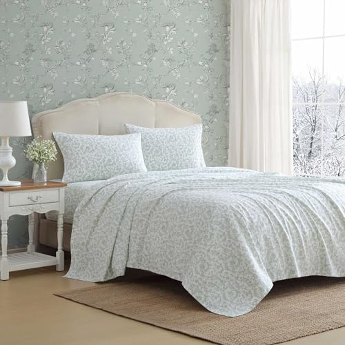 Laura Ashley - Set di biancheria da letto matrimoniale in flanella di cotone con federe abbinate, spazzolato per una maggiore morbidezza, tasca profonda, certificato Oeko-Tex (verde Brinna)