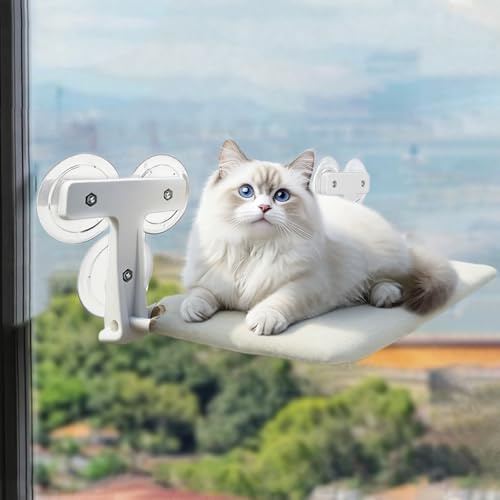 Katzen Hängematte Fenster 52x30cm, katzenbett Fenster Wendbare Matte Klappbar Katzenbett Fenster mit Stabil Saugnäpfe bis zu 18kg (Beige mit Flaum, 52X30cm)