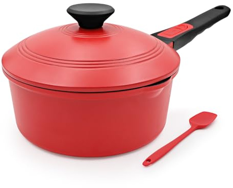 Bobikuke 2,5 Liter Stielkasserolle Antihaft mit Aluminium Deckel, Kasserolle 20cm mit abnehmbarem Griff, Backen, Schmoren, Braten, Suppe, PTFE & PFOA Free (Rot)
