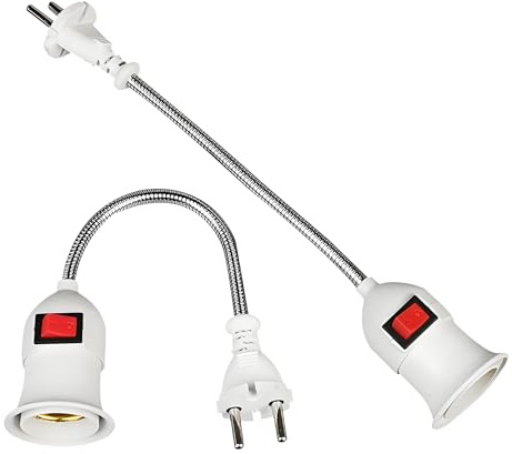 Leloco 2 Stück E27 Fassung Steckdose mit Schalter, 360° Verstellbare Schwanenhals Fassung Eu-Stecker Adapter Steckdose für E27 Leselampe, Nachttischlampe, Küchenwandlampe usw
