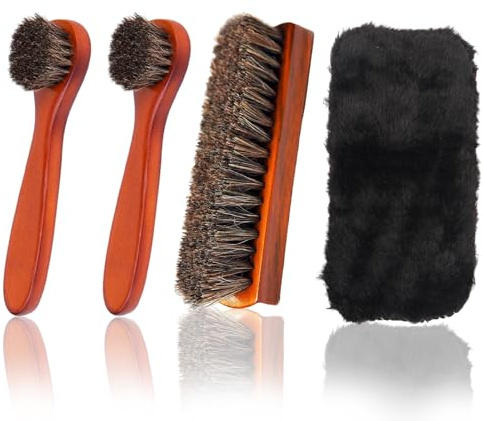 4er 100% Rosshaar Schuhbürste Schuhpflegeset für Rauleder Holz Schuhbürste | Hochwertige Holzgriffe Natürlichen Rosshaarborsten für Wildleder Leder Schuhe Stiefel Taschen Auto
