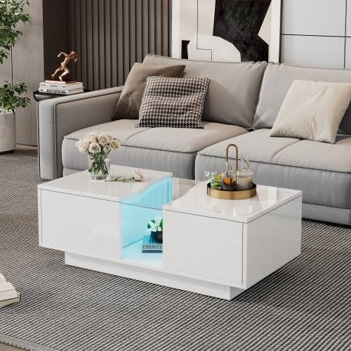 Merax Weißer Hochglanz LED-Couchtisch 100 x 50 x 35 cm mit 2 Schubladen, Acrylplatte & App-gesteuerter LED-Beleuchtung, Multifunktionaler Beistelltisch für Wohnzimmer, Schlafzimmer, Sofatisch