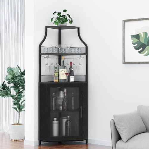 JOLLYTOP Eck-Weinschrank 154 cm – Bar Schrank Im Industrial Design Mit Glashalter, Gittertür & Verstellbaren Regalen – Platzsparender Eck-Barschrank Für Wohnzimmer, Küche & Esszimmer，Schwarz