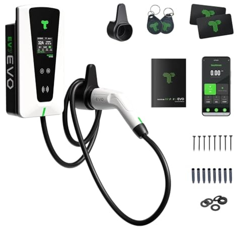 techtron® EV Charger ‘7.4kW’ Type 2 (32A, Single Phase) Smart Wallbox UK, WiFi Bluetooth RFID App Control, 5m Cable, IP65 Indoor Outdoor Electric Vehicle Home Charger, EV7 EVO