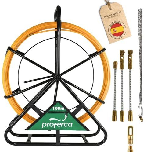 PROFERCA Guia Pasacables Profesional 6mm y 100 metros de Fibra de Vidrio Reforzada | Guia con Contenedor y Accesorios intercambiables| Especial Jardines | Malla Tiracables