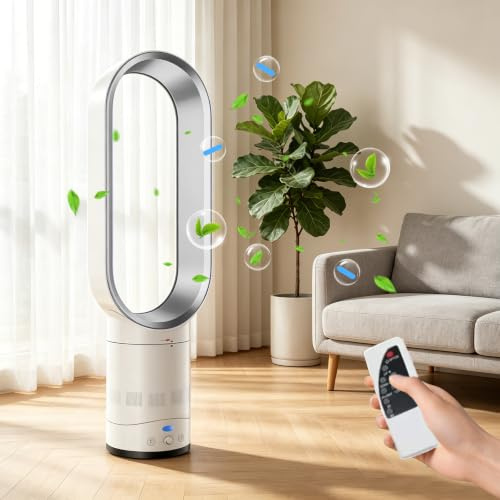 OMUIETIO 16 Bladeless Tower Fan, 80° Oscillating Pedestal Fan with Remote, Stepless Variable Speeds, LED Display, Auto Shut-Off Timer, Silent Portable Cooling Fan for Bedroom Office Home