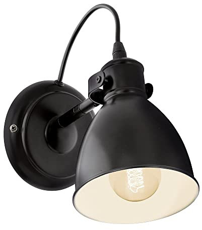 Eglo Lampada da parete Priddy, lampada da parete in design industrial vintage a uno punto luce, spot da parete retrò in acciaio, nero, bianco, E27