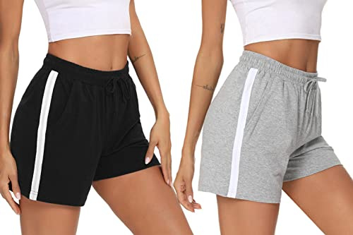 Litherday Shorts för kvinnor, sportshorts, korta byxor, ränder, joggingbyxor, sommar, träningsbyxor med fickor, elastisk linning och ventilerande shorts för fitness, löpning, gym, basket, A-svart +
