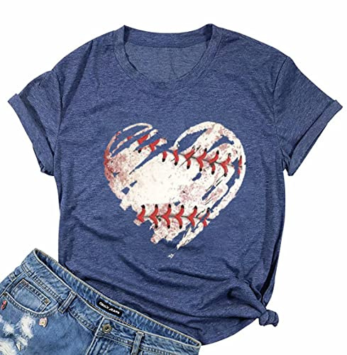 Baseball Shirts Women Baseball Mom Tshirt Baseball Heart Graphic Tee Game Day Gifts Funny Short Sleeve Tops A-Blue