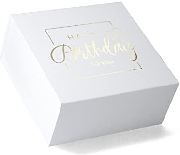 ideas in boxes Premium Geschenkbox Geburtstag, Geschenkkarton, Magnetbox, Magnetfaltbox, Geschenkverpackung für Geburtstag mit Schriftzug, 22x22x10cm, Weiß mit Gold