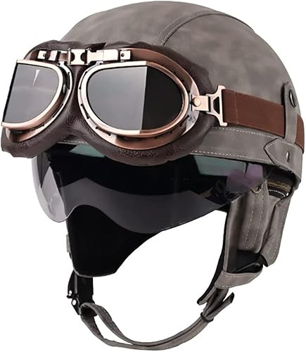 Retro Oldtimer Halbschale Jet-Helm Motorrad-Helm Brain-Cap mit Brille,DOT/ECE-Zulassung Roller-Helm Scooter-Helm Retro Motorrad Half Helm Herren Damen (Color : 1, Size : M(57~58cm))