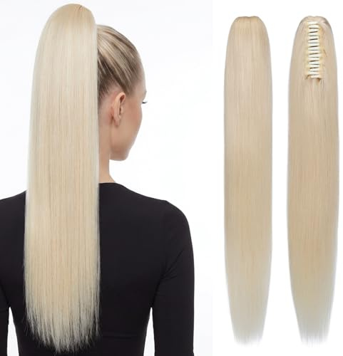 S-noilite Pferdeschwanz Extensions Echthaar mit Klammer - Zopf Haarverlängerung Glatt 120g Extensions Echthaar Ponytail 50cm #60 Platinblond
