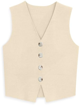 LILLUSORY Sweater Vest Women Dressy Button Up Sweater Tank Tops 2025 Knit Work Business Casual Outfits Beige L