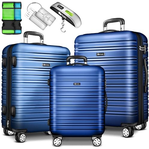 tillvex® Reisekoffer Set 3-TLG. mit Gepäckwaage, 6X Koffergurte und 3X Kofferanhänger | Hartschale Kofferset 4 Rollen | Trolley Gepäck Koffer mit TSA Schloss | Rollkoffer Hartschalenkofferset M-L-XL