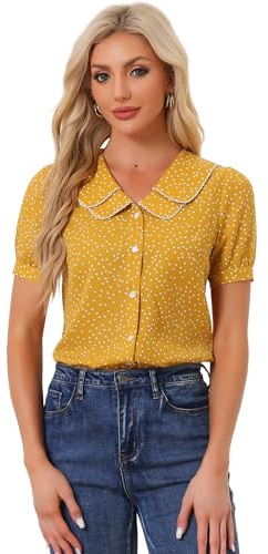 Allegra K Women's Vintage Polka Dots Peter Pan Collar Puff Short Sleeve Shirt Top Mustard L