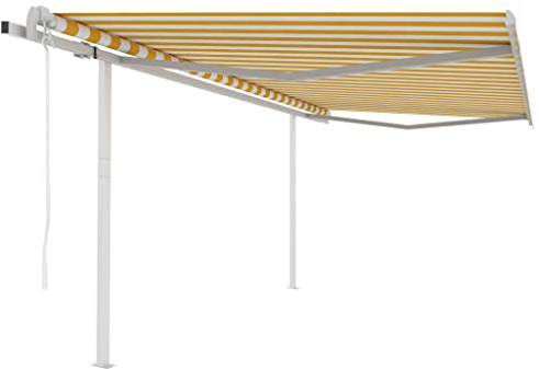 Balkon überdachung Türüberdachung Regenschutz Balkon Gelenkarmmarkise Automatisch mit Pfosten 4x3 m Gelb und WeißGeeignet für Haustür,Balkon, Pavillion