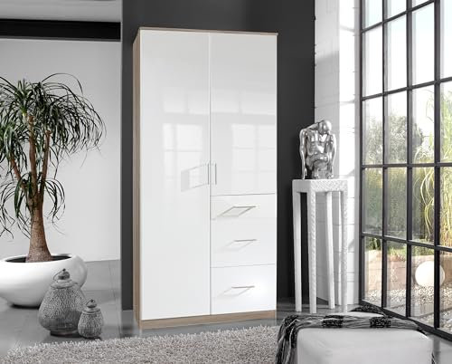 möbelando Drehtürenschrank >Clack< in Hochglanz Lack Weiss - 91x199x58cm (BxHxT)