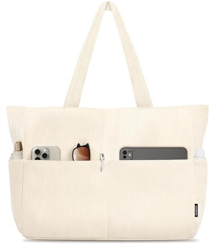 HOMESPON Corduroy Tote Bag for Women with Zipper Large Shoulder Bag Handbag for Work School Shopping Travel Gym Beige