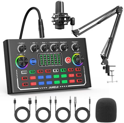 JAMELO Ensemble d'équipement de Podcast, kit d'équipement de Studio avec Microphone à condensateur/Bras de Micro/changeur de Voix, OTG, Carte Son de mixage Audio pour téléphone/PC/Ordinateur Portable