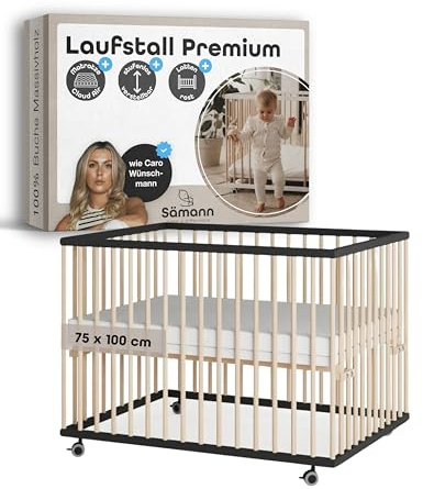 Sämann Laufstall Baby mit Matratze Cloud Air & Lattenrost | stufenlos höhenverstellbar | Laufgitter Premium | Babybett aus Holz | Krabbelgitter (schwarz/natur, 75x100 cm)