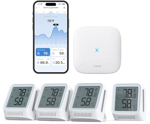 X-Sense WLAN Hygrometer Thermometer Innen mit LCD-Display, Temperatur- und Luftfeuchtigkeitsüberwachung per App, Smiley-Indikator, kompatibel mit Alexa, 4 Sensoren und Basisstation SBS50, STH0A41