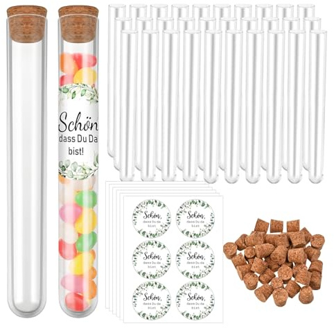 30 Pzs Tubos de Ensayo 15ml Tubos de Ensayo Plastico Probetas Plastico con 30 Corchos y 6 Etiquetas para Boda, Cumpleaños, Bautismo, Regalo,Almacenar Semillas Flores, Dulces Sales de Baño y Especias