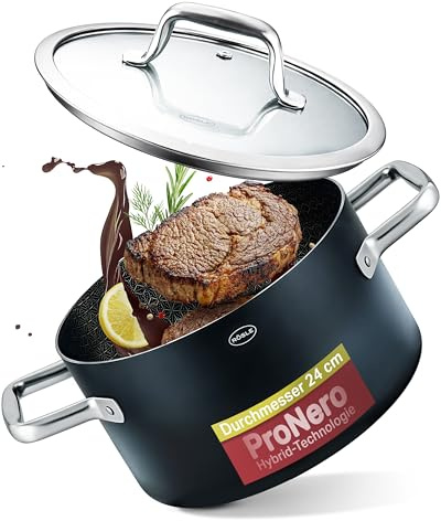 RÖSLE EBONIC Kochtopf 24 cm mit Deckel, Induktionstopf PFAS-frei | ProNero Keramik Antihaftbeschichtung, PFAS-frei, backofenfest bis 260 °C, ideal für Familienportionen und Eintöpfe