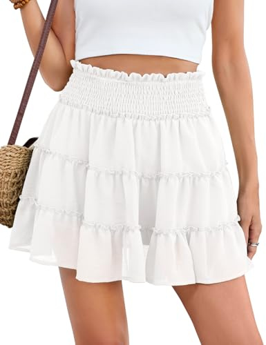 CMTOP Jupe Short Femme Été Taille Haute Élastique Mini Courte Jupes à Volants A Ligne Tulle Décontractés Jupe Chic et Elegant Couleur Unie de Plage avec Short Intégré