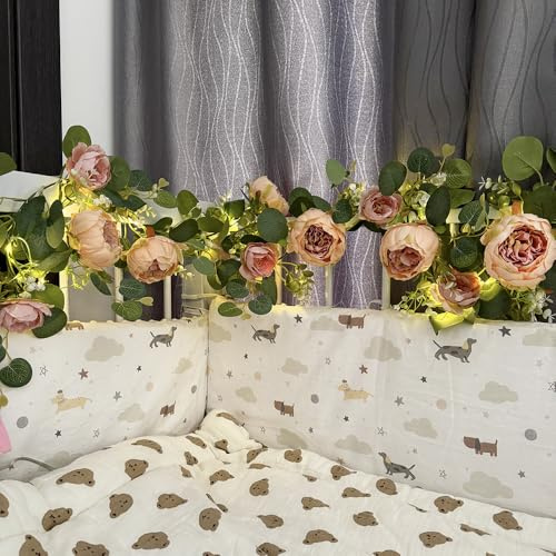 buywin 6FT Peonies Flower Garland with Fairy Lights, Rose Flower&Eucalyptus Leaves Greenery Vine Lights with Timer, Garland Fairy Lights for Wedding Table Home Bedroom Decor (Champagne)