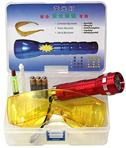 Reuvv 1 set bil läckagedetektor luftkonditionering A/C system läcka testkit LED ficklampa UV ficklampa skyddsglasögon UV färg verktygsset, bil luftkonditionering reparationsverktyg