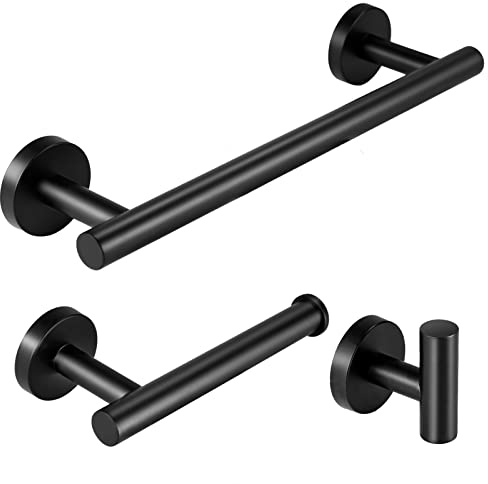Towel Rail, Toilet Paper Holder & Hook Set, 3 Pcs Bathroom Hardware, Black | Heavy Duty 304 Stainless Steel 30cm Towel Holder & Hook, Toilet Paper Holder Wall Mounted for Bathroom Kitchen Roll Holder