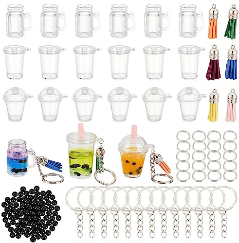 OLYCRAFT 218 Stück Mini Schlüsselanhänger Milchtee Zubehör Bubble Tea Kit aus Epoxidharz-Gießform Mini Tasse Anhänger mit Schlüsselring, Quasten, Blasen, Strohhalme für Key Chian DIY und Herstellung