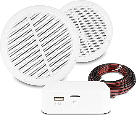 Power Dynamics Home Ceiling Speaker System with Bluetooth Amplifier & 2 Waterproof MS50 Ceiling Speakers - Ideal for Bathroom & Kitchen, Wireless Streaming, USB/SD Playback, 80W