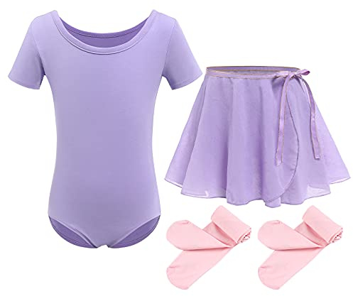 Kinder Mädchen Ballettkleidung Baumwolle Kurzarm Balletttrikot Turnanzug Tanzbody + Chiffon Wickelrock Tütü Rock Tanzkleid + Strumpfhose 3tlg Ballettanzug Violett 7-8 Jahre