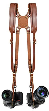 Jumyee Dual Camera Strap, Brown Leather, Adjustable, Classic Style, Dual Camera Harness