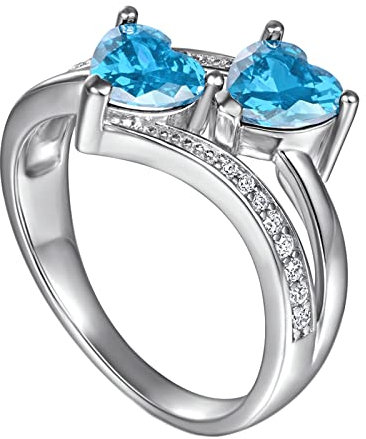 Mesnt 925 Silber Ringe Damen Verlobungsringe Doppel Herz Zirkonia 6mm Damen Ringe Modeschmuck Hellblau Größe 57 (18.1)