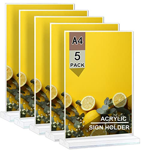Gocoffun Acryl-Schilderhalter A4, transparenter Acryl T-Form Tisch-Präsentationsständer, doppelseitig für Menü-Display, ideal für Büro Geschäft Restaurant, Papierschreibtisch-Display (5 Stück)