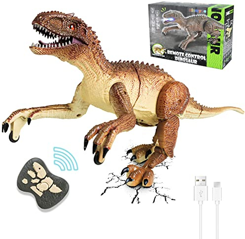 Kizmyee Dinosaurier Spielzeug Ferngesteuerter Realistisches Velociraptor | Elektronik T-Rex Dino Spielzeug mit Gehen, Brüllen, Leuchtenden Augen und Kopfschütteln für Kleinkinder Jungen Mädchen