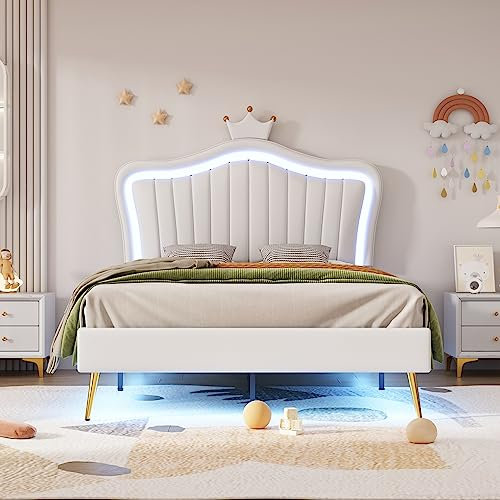 ZYLOYAL10 Kinderbett Polsterbett, Bettgestell für Mädchen, weißes Kronen-Doppelbettgestell aus PU-Leder, Lattenrost und Rückenlehne(Matratze Nicht enthaltet) (90 x 200 cm)