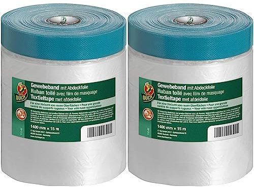 Duck Gewebeband mit Abdeckfolie 112-00 – Malerfolie mit Panzertape für innen & außen – Klebeband zum Streichen und Lackieren – 1400mm x 15m (Packung mit 2)