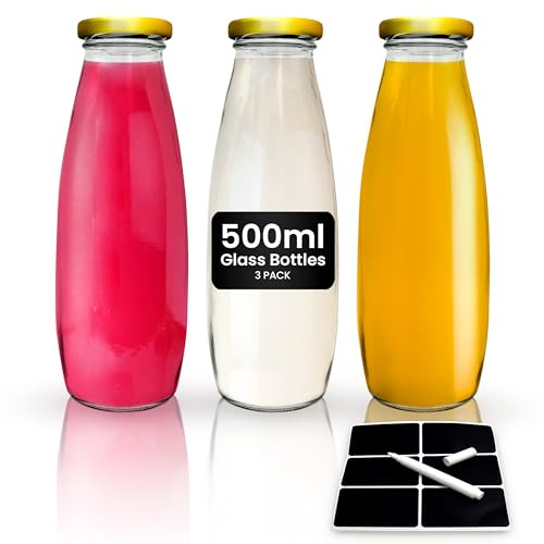 volila Botellas de Leche de Vidrio con Tapas - Paquete de 3 x 500ml Botellas de Vidrio con Tapas, Etiquetas y Bolígrafo - Botellas de Leche Reutilizables para Almacenamiento (Tapa Dorada)