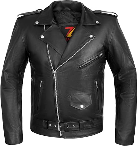 ZAPRIS Motorcycle Leather Jacket With Belt Motorbike Biker Classic Rider Rocker Made of Black Genuine Cowhide Leather XS