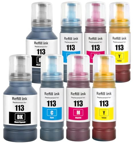 113 Pigment Tinte Kompatibel mit Epson 113 Tintenpatronen Nachfülltinte Multipack für ET-5850 ET-16600 ET-5150 ET-5170 ET-5150 ET-16650 ET-15000 ET-5100 ET-5800 ET-5880 ET-16150(8Pack 2BK/2C/2M/2Y)