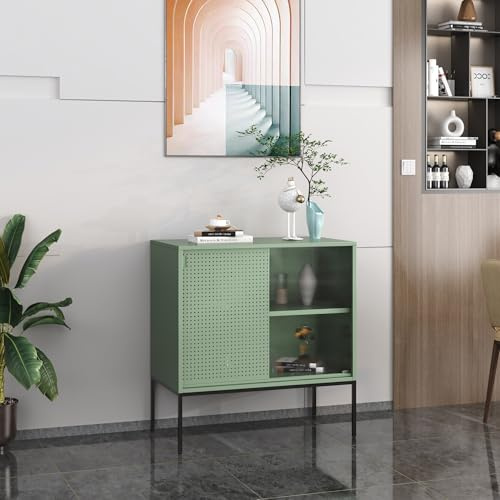 [en.casa] Buffet Métallique Commode Style Industriel Armoire avec Portes Coulissantes Meuble de Rangement pour Salon Acier Verre Ondulé 85 x 80 x 45 cm Vert Noir