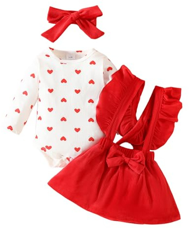 ESSECMBS 3Pz Completo Neonata Elegante: Pagliaccetto Maniche Lunghe, Tutina Invernale Bimba Stampa Cuore Rosso, Abito Bretella Gonna, Fascia (Rosso, 3-6 Months)